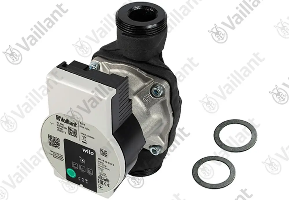 Vaillant Pumpe mit einem kompakten Motor und Anschluss für Rohrleitungen, einschließlich zwei Dichtungen in der Nähe des Geräts.